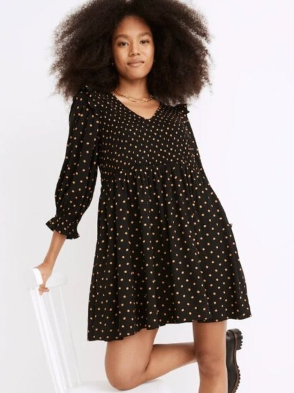 Madewell Lucie V-Neck Smocked Mini Dress in Oval Dot- True Black- Size XS‎